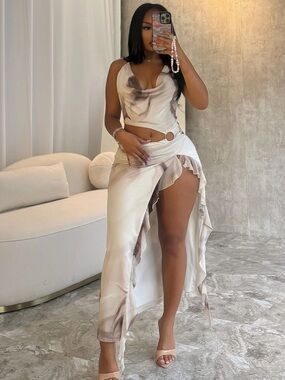Satin Two-Piece Crop Top & High-Slit Skirt Set in Light Taupe
